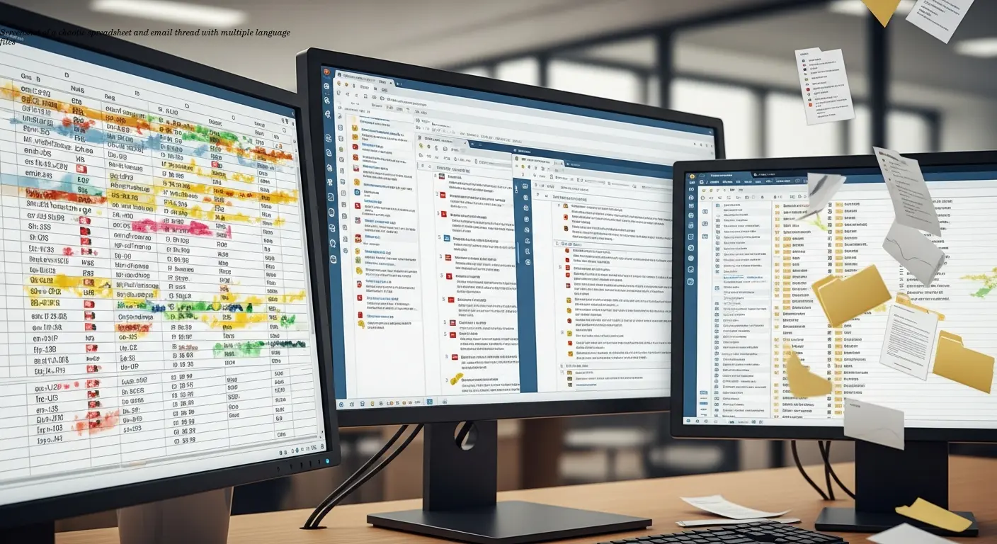 Screenshot of a chaotic spreadsheet and email thread with multiple language files