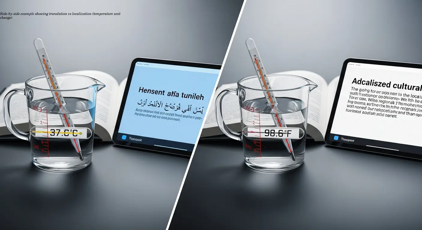 Side-by-side example showing translation vs localization (temperature unit change)