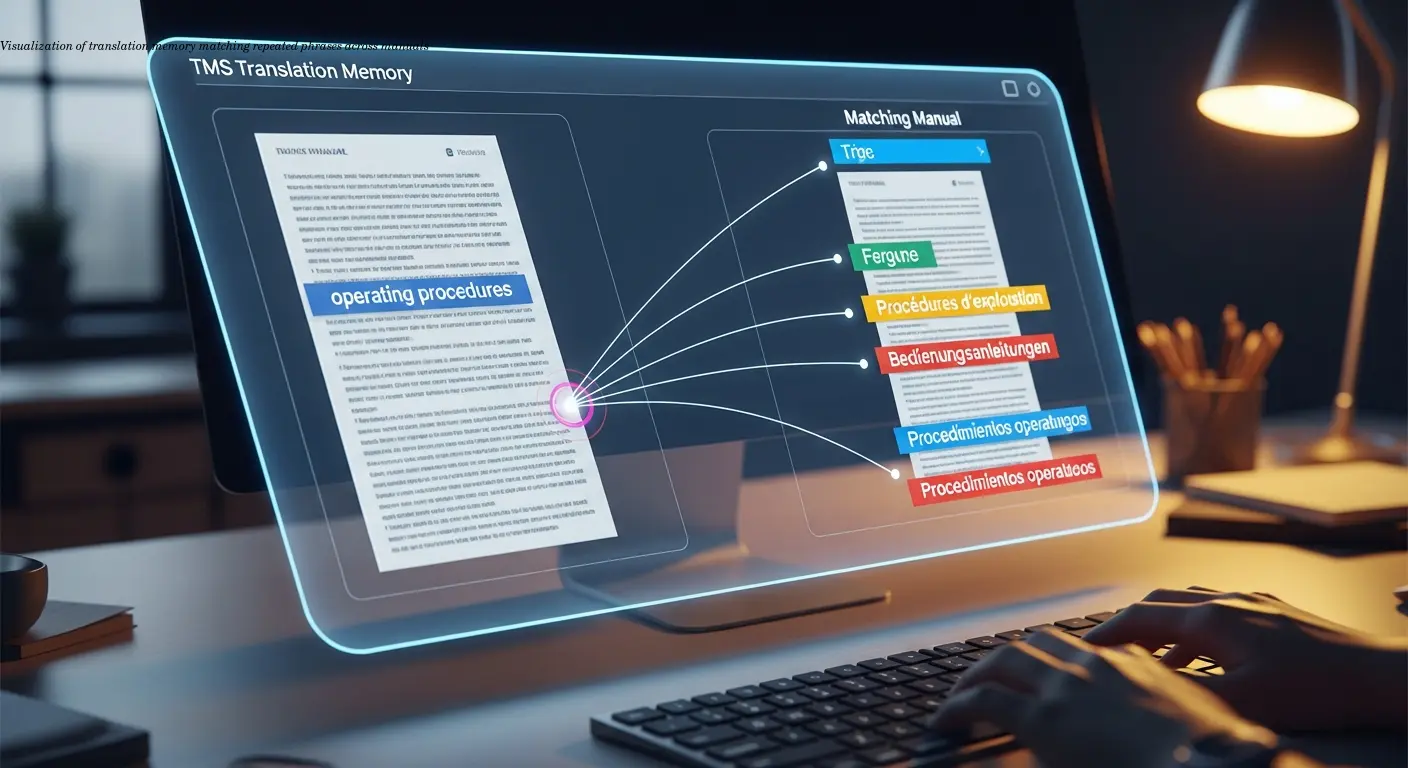 Visualization of translation memory matching repeated phrases across manuals